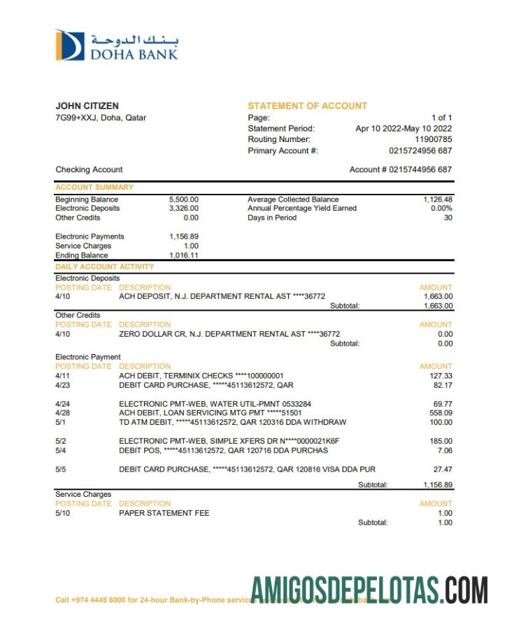 Exemplo de extrato bancário Qatar Doha XLS